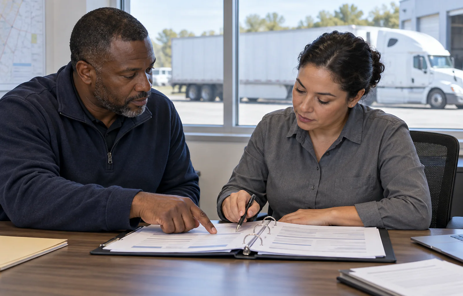 A fleet safety manager and operations administrator review generic accident-register records in an office overlooking an unbranded tractor-trailer.