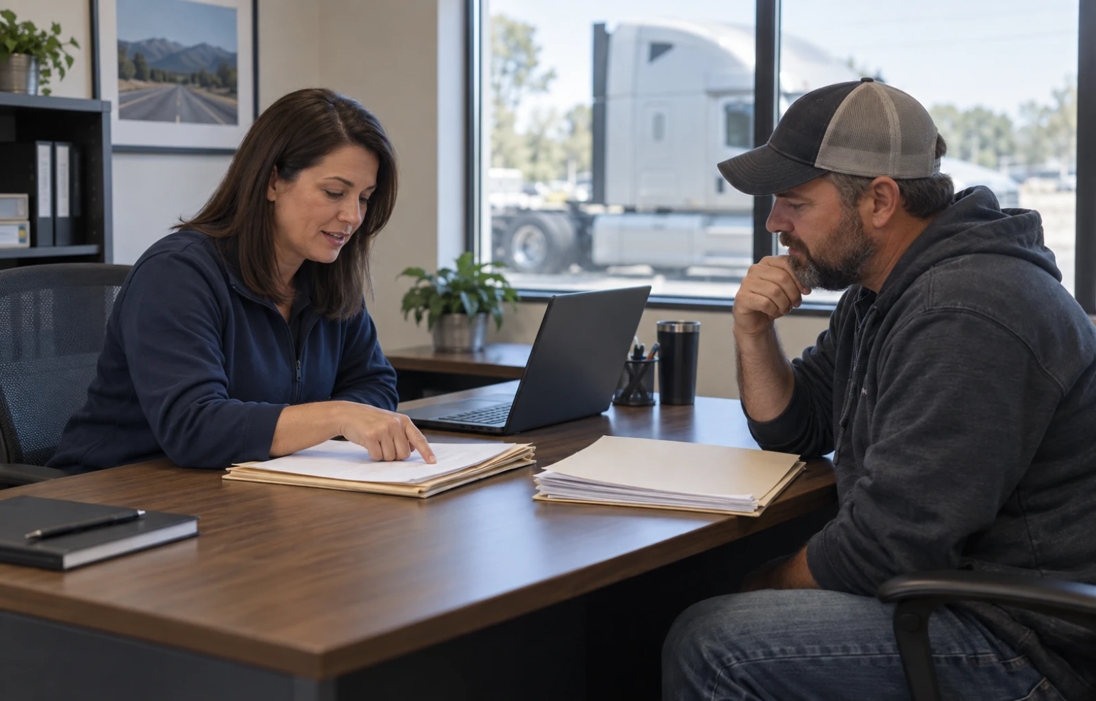 A fleet safety manager and truck driver review separate paper folders beside a laptop in a carrier office, with a parked tractor visible through the window.