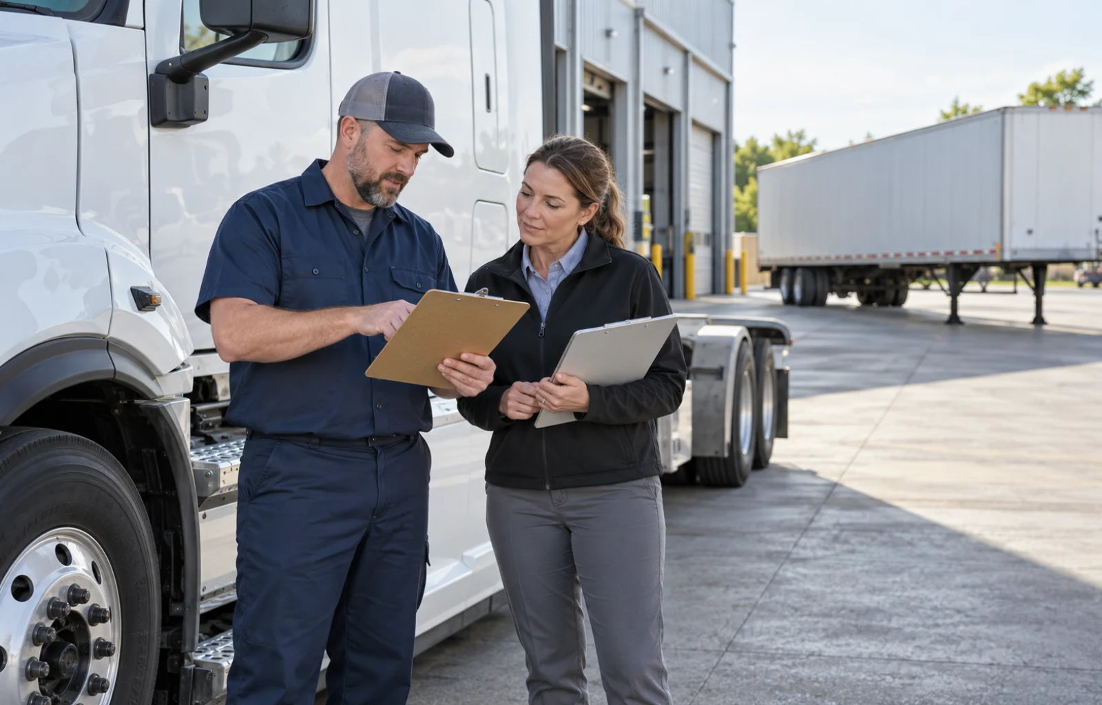 A mechanic and fleet coordinator review an inspection clipboard beside a parked truck tractor, with a separate semitrailer in the maintenance-terminal background.
