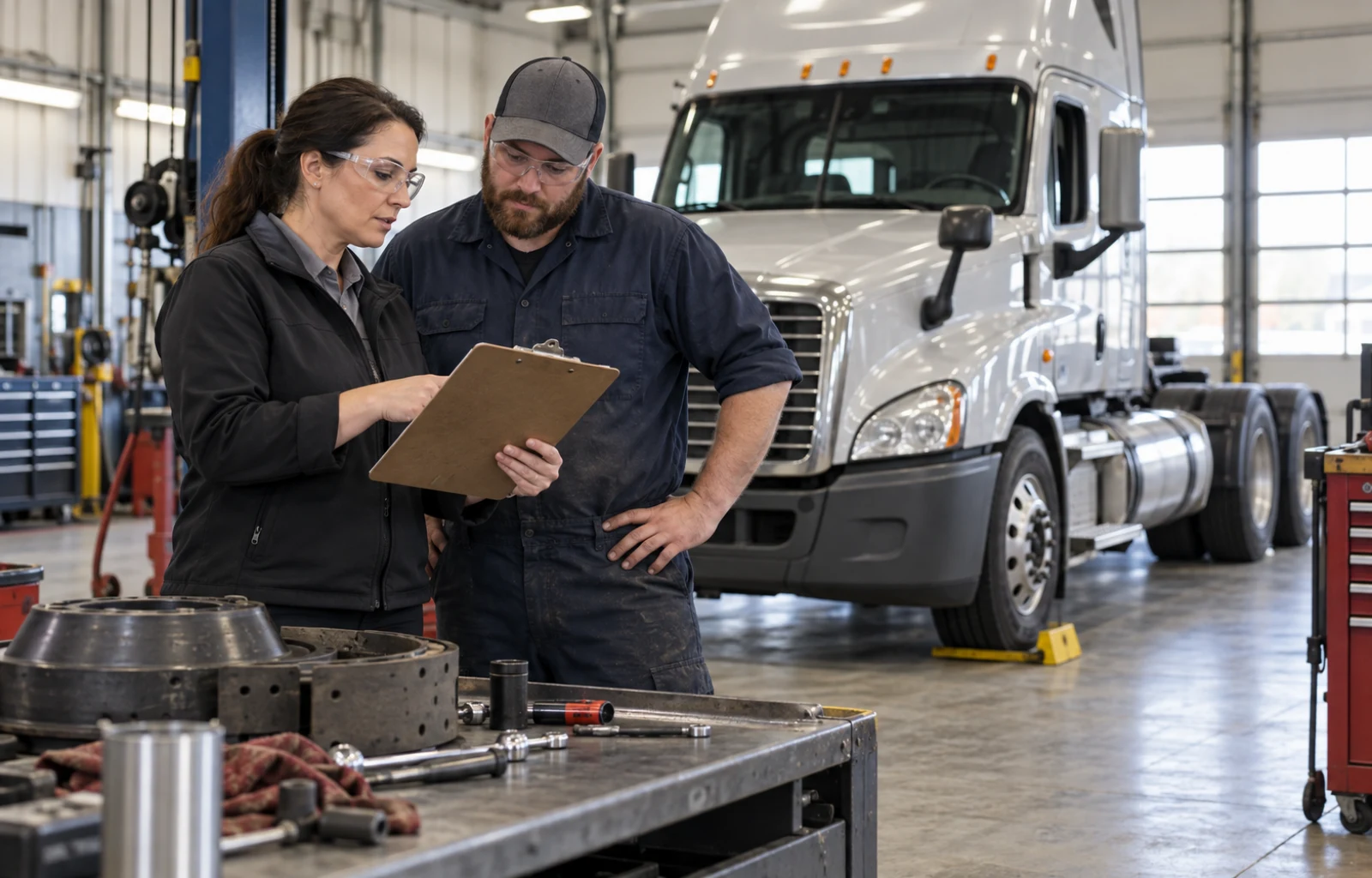 A fleet maintenance supervisor and diesel technician review a clipboard at a workbench beside a parked truck tractor.