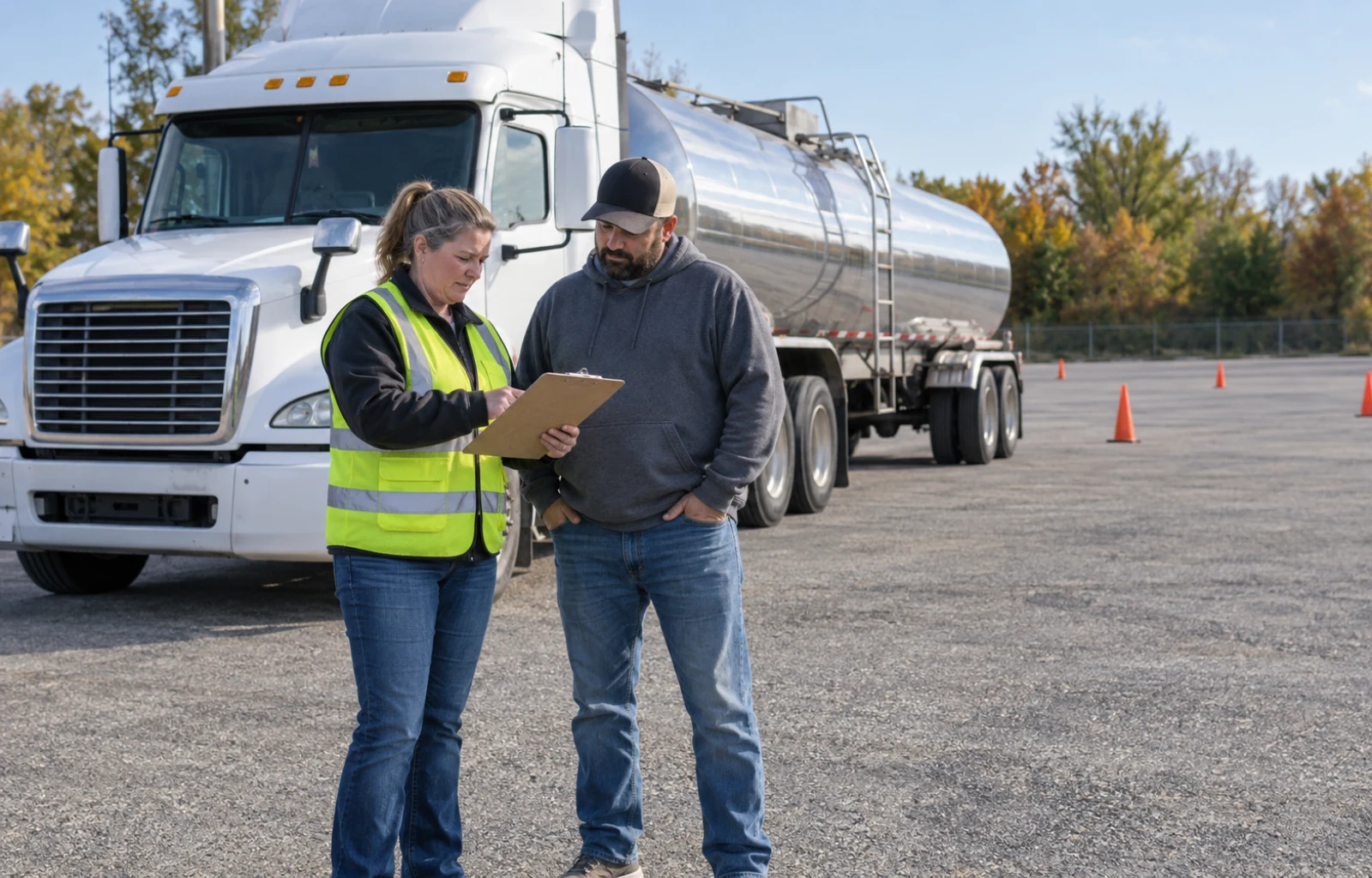 A fleet examiner and driver candidate review a clipboard beside a parked tractor and tank semitrailer in a quiet training yard.