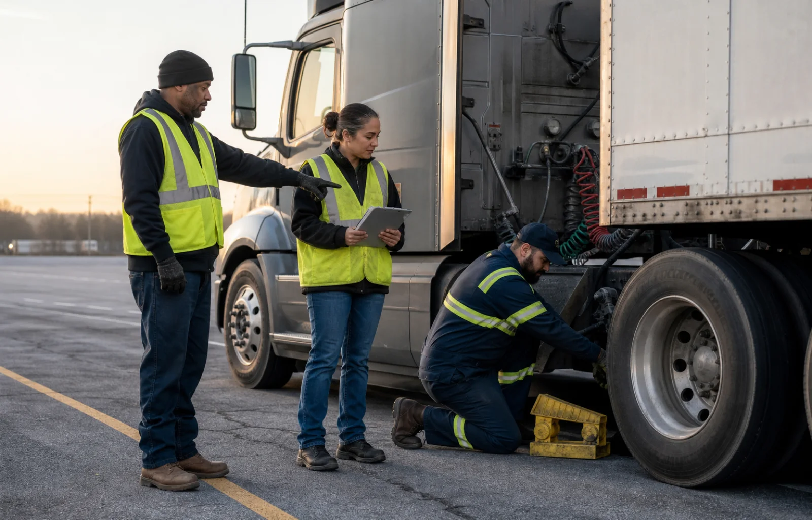 A driver, safety coordinator, and technician inspect and correct a reported equipment hazard beside a parked tractor-trailer.