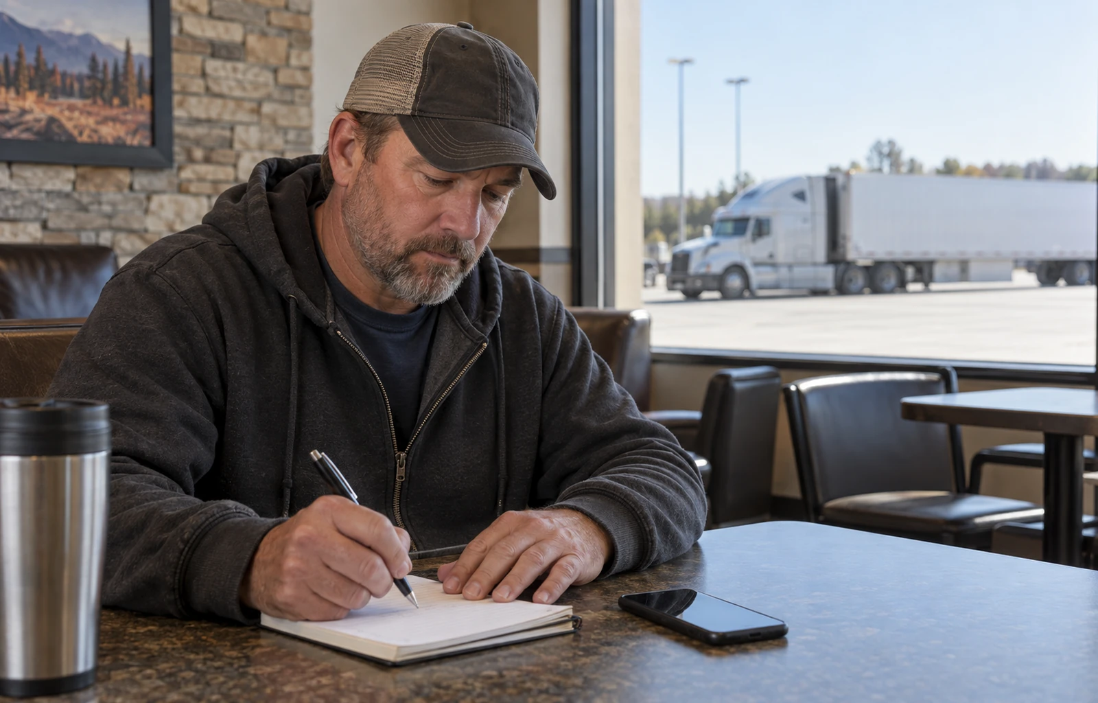 A truck driver writes in a notebook beside a phone at a quiet lounge table, with a parked tractor-trailer visible through the window.