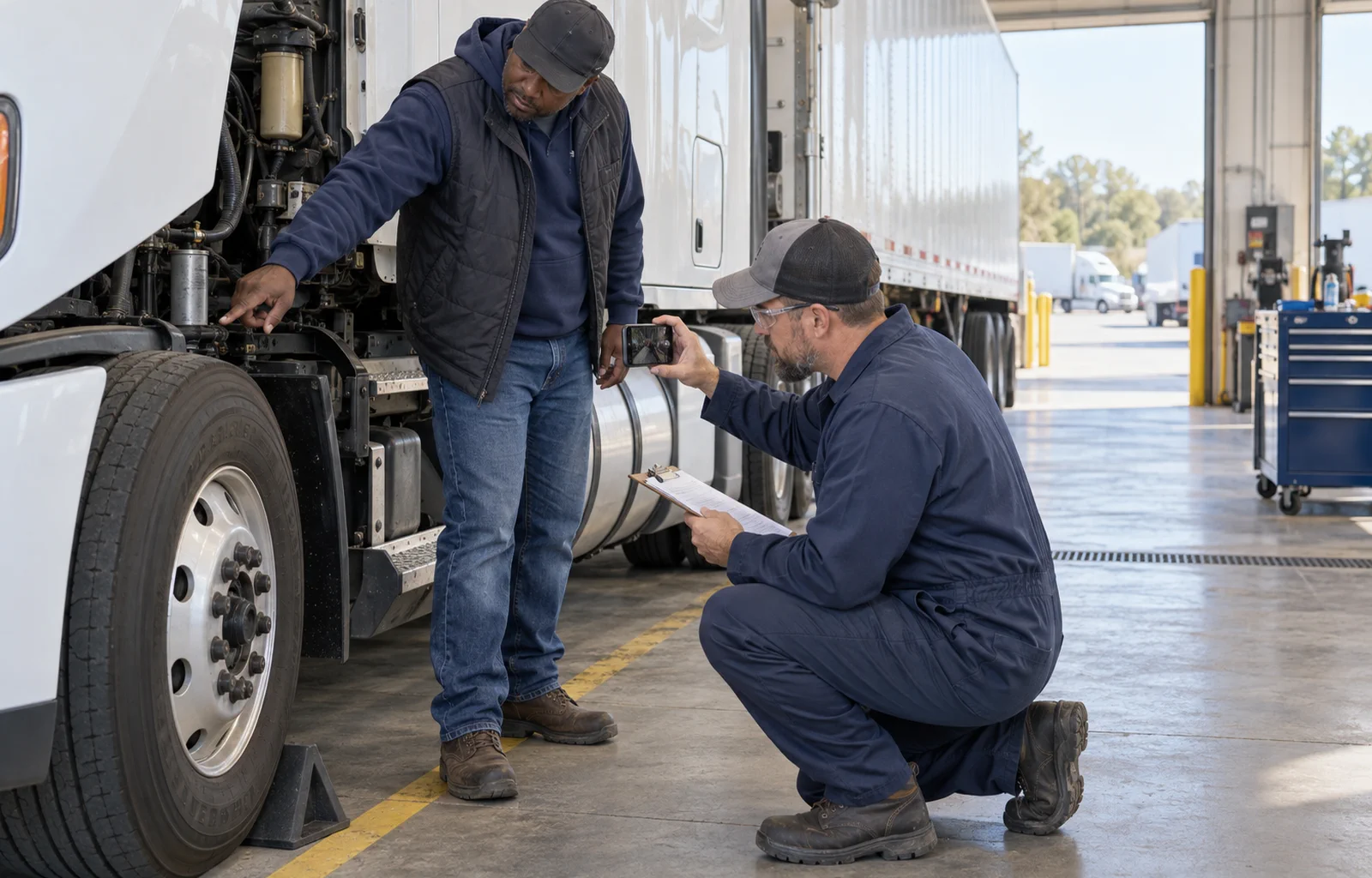 A professional driver and fleet technician document a possible truck equipment defect on a safely parked unbranded tractor in a maintenance bay.