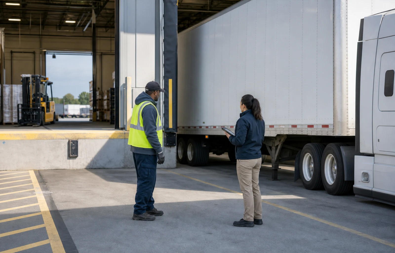 A truck driver and warehouse safety coordinator review a secured trailer and loading-dock approach while a forklift remains parked inside the facility.