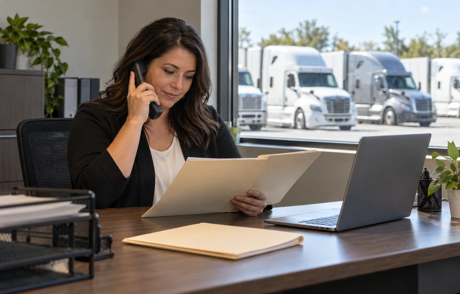 A fleet hiring coordinator makes a telephone call while reviewing a paper folder in a terminal office with parked trucks outside.