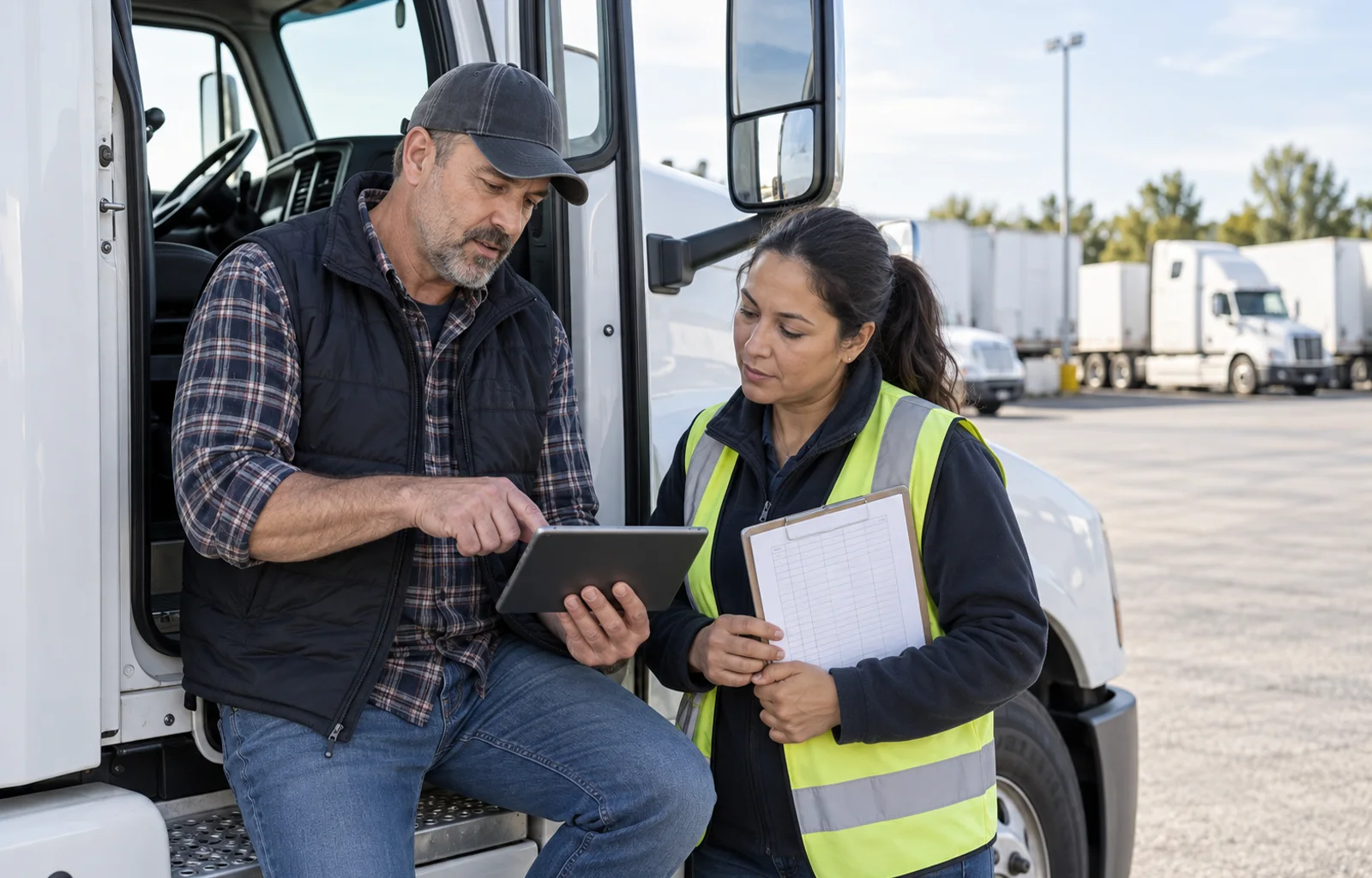 A truck driver and fleet colleague review an unbranded tablet and a blank paper log grid beside a safely parked tractor at a terminal.