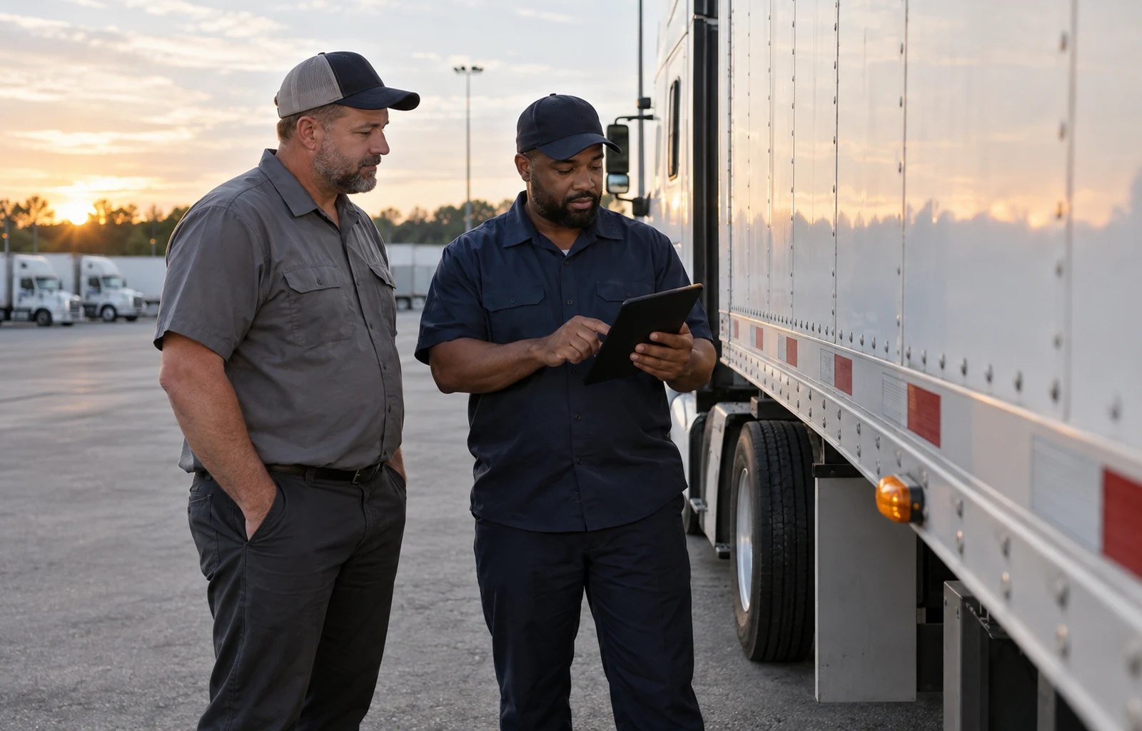 A truck driver records an equipment observation on a tablet beside a parked white tractor-trailer while a maintenance coordinator listens.