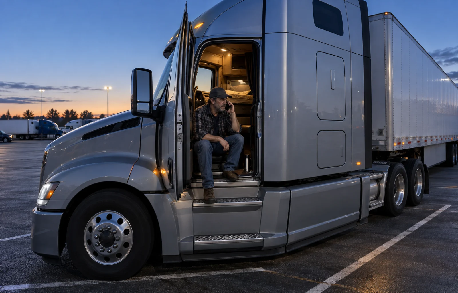 A tired professional driver makes a calm call from the open cab doorway of a safely parked unbranded tractor-trailer in a predawn truck parking area.
