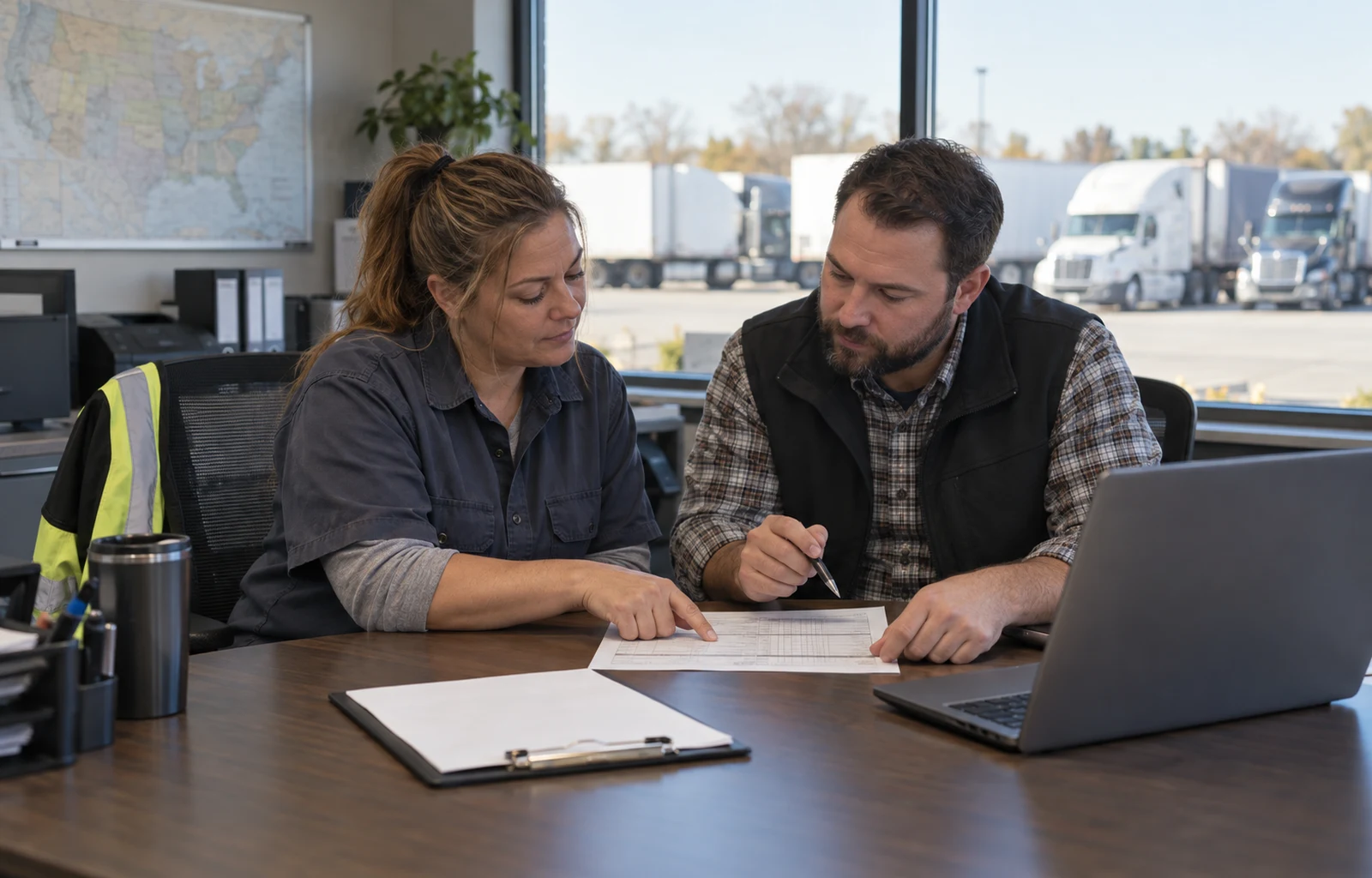 A truck driver and dispatch coordinator review a paper worksheet in an office overlooking parked trucks.