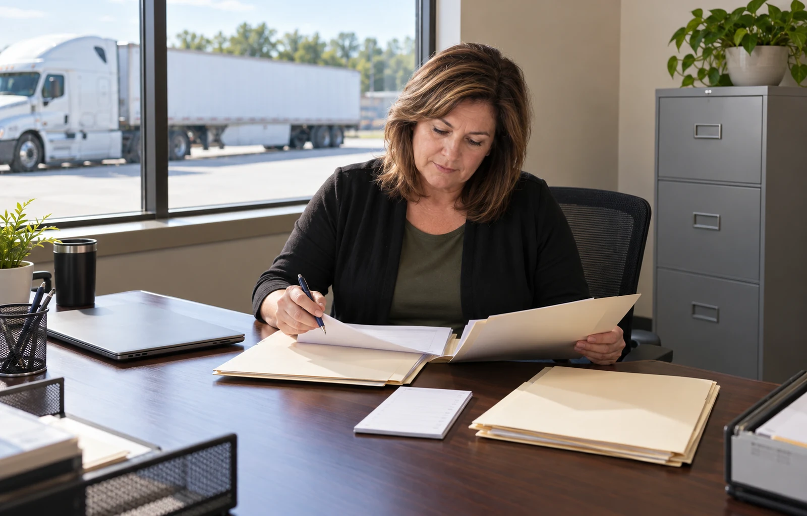 A fleet safety administrator reviews separate paper folders at a private office desk, with a parked tractor-trailer visible through the window.