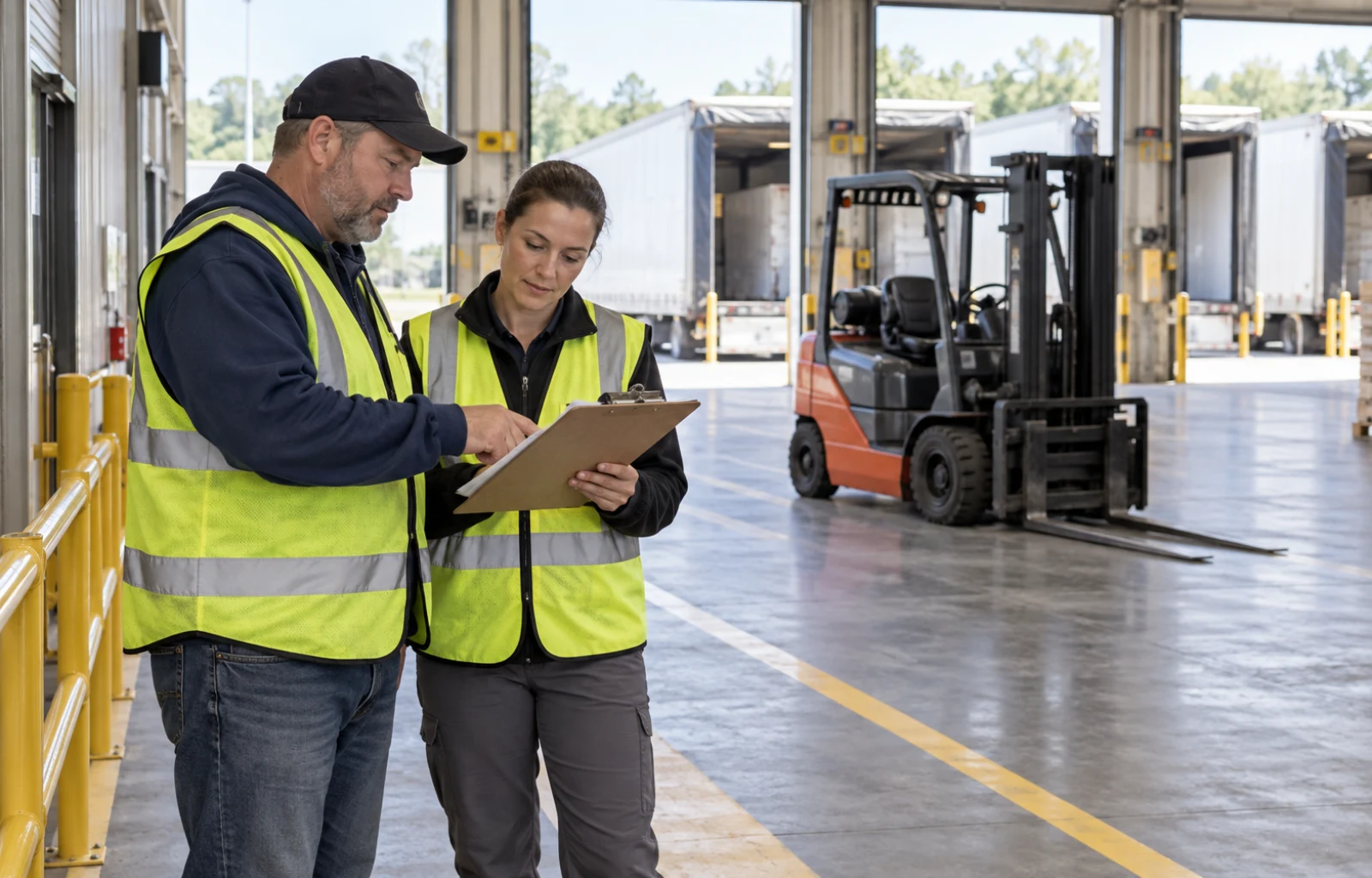 A truck driver and warehouse trainer review a clipboard in a pedestrian area while an unoccupied forklift sits parked with its forks lowered.