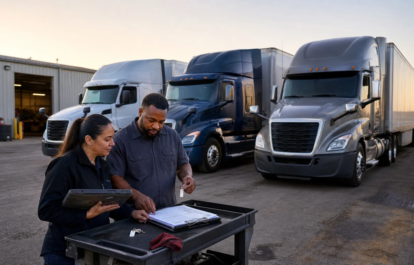 A fleet administrator and maintenance lead match vehicle records and key tags beside three unbranded tractor-trailers in a maintenance yard.