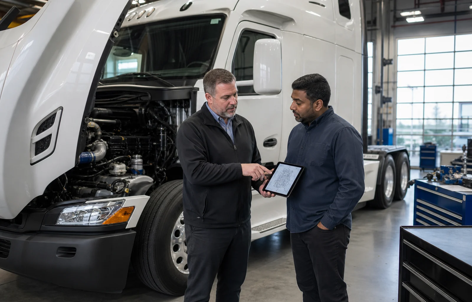 A fleet maintenance director and truck engineering specialist review an unbranded tractor and a generic tablet diagram in a service bay.