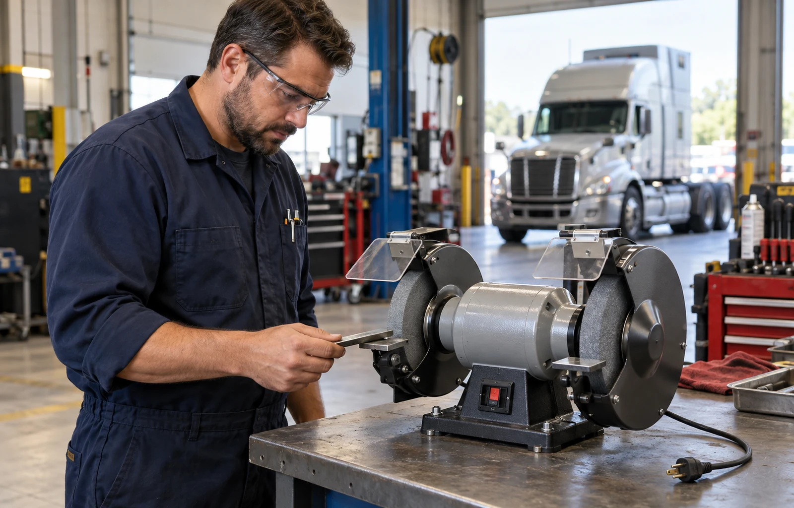 A technician wearing safety glasses checks a stationary bench grinder beside its work rest, with the power plug resting disconnected on the bench.