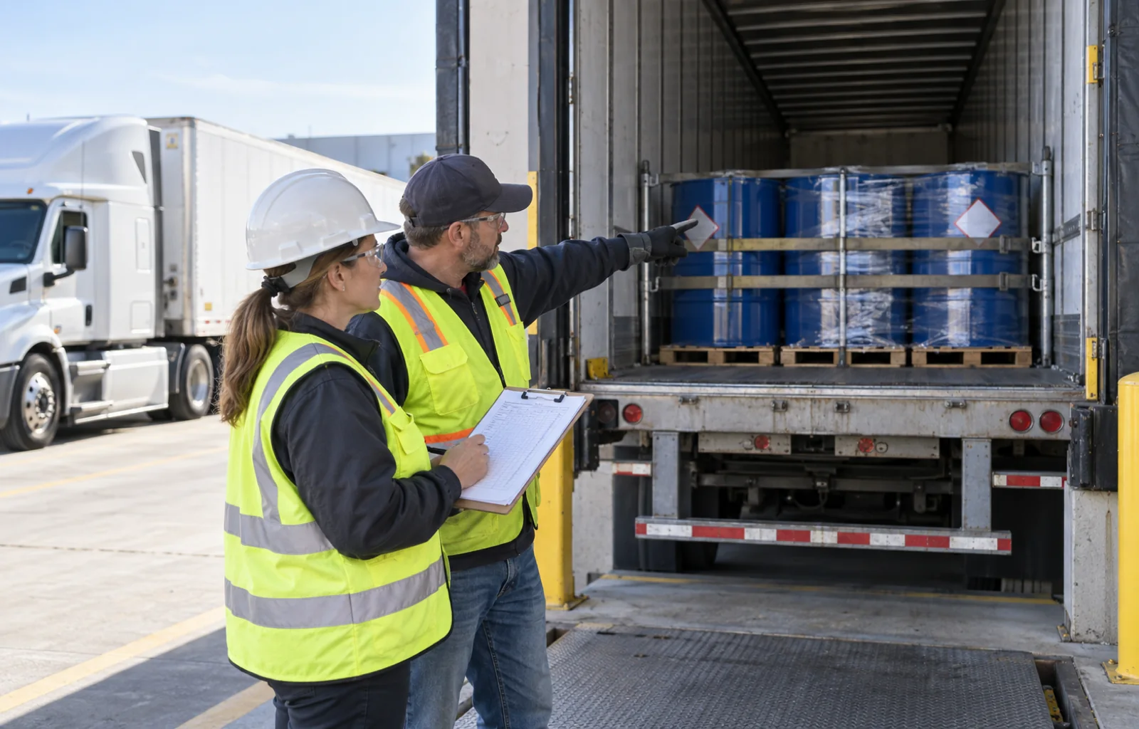 A professional driver and hazmat safety coordinator inspect secured industrial drums and a generic checklist beside an unbranded trailer at a freight terminal.