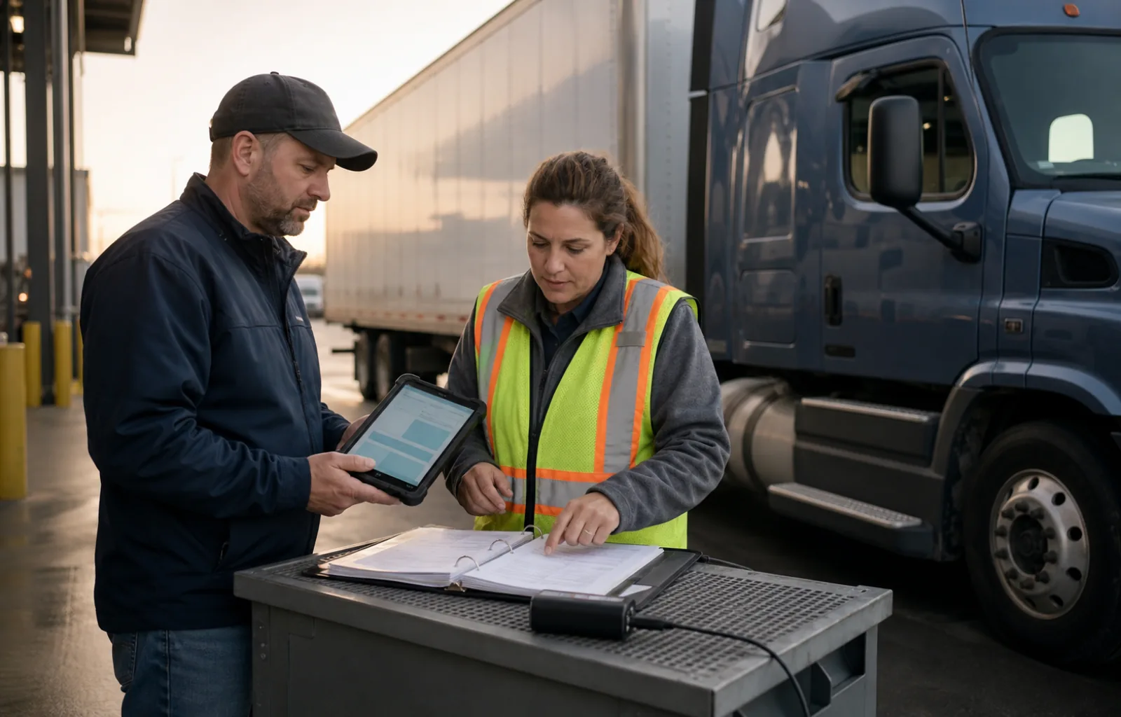 A truck driver and fleet safety coordinator compare offline electronic hazmat information with a paper backup beside a parked tractor-trailer.