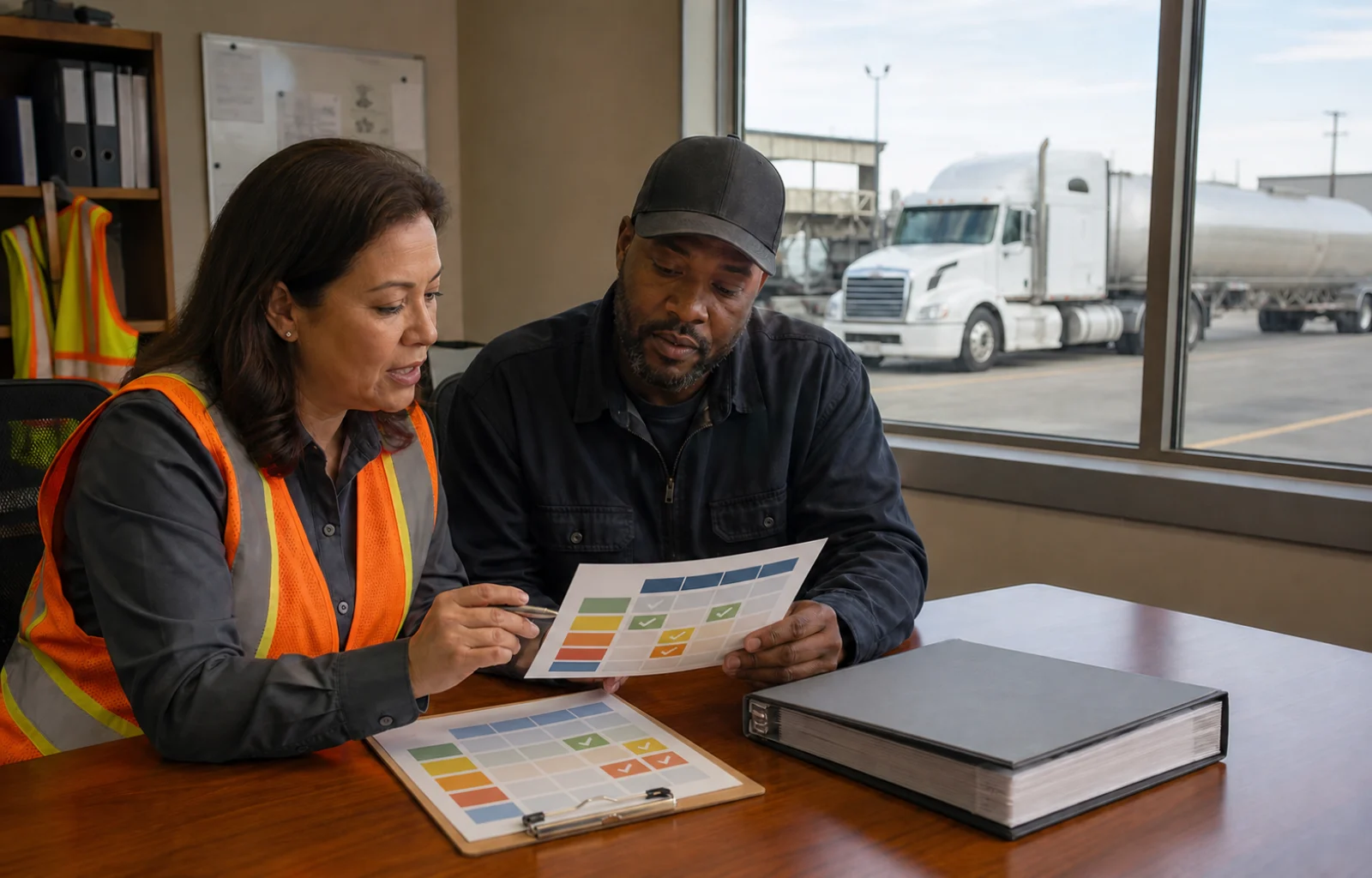 A fleet safety manager and professional driver compare an abstract task-and-training matrix in a terminal office with an unbranded cargo tank truck parked outside.