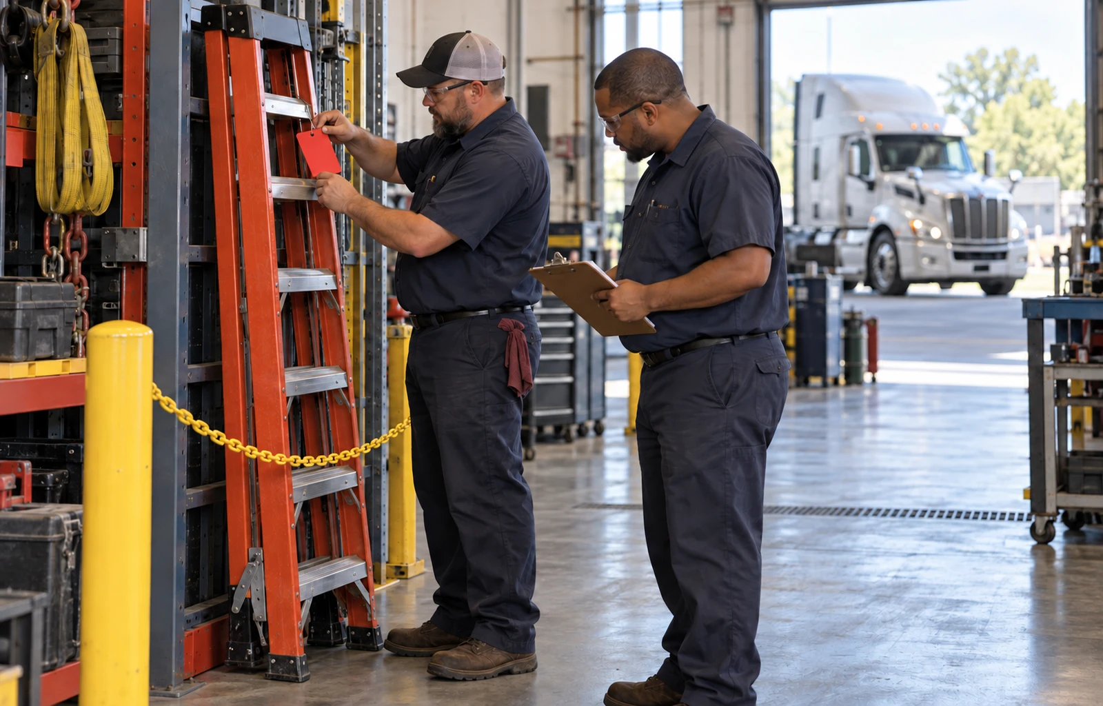 Two fleet technicians stand beside a closed ladder in a shop storage area while one attaches a red tag and the other reviews a clipboard.
