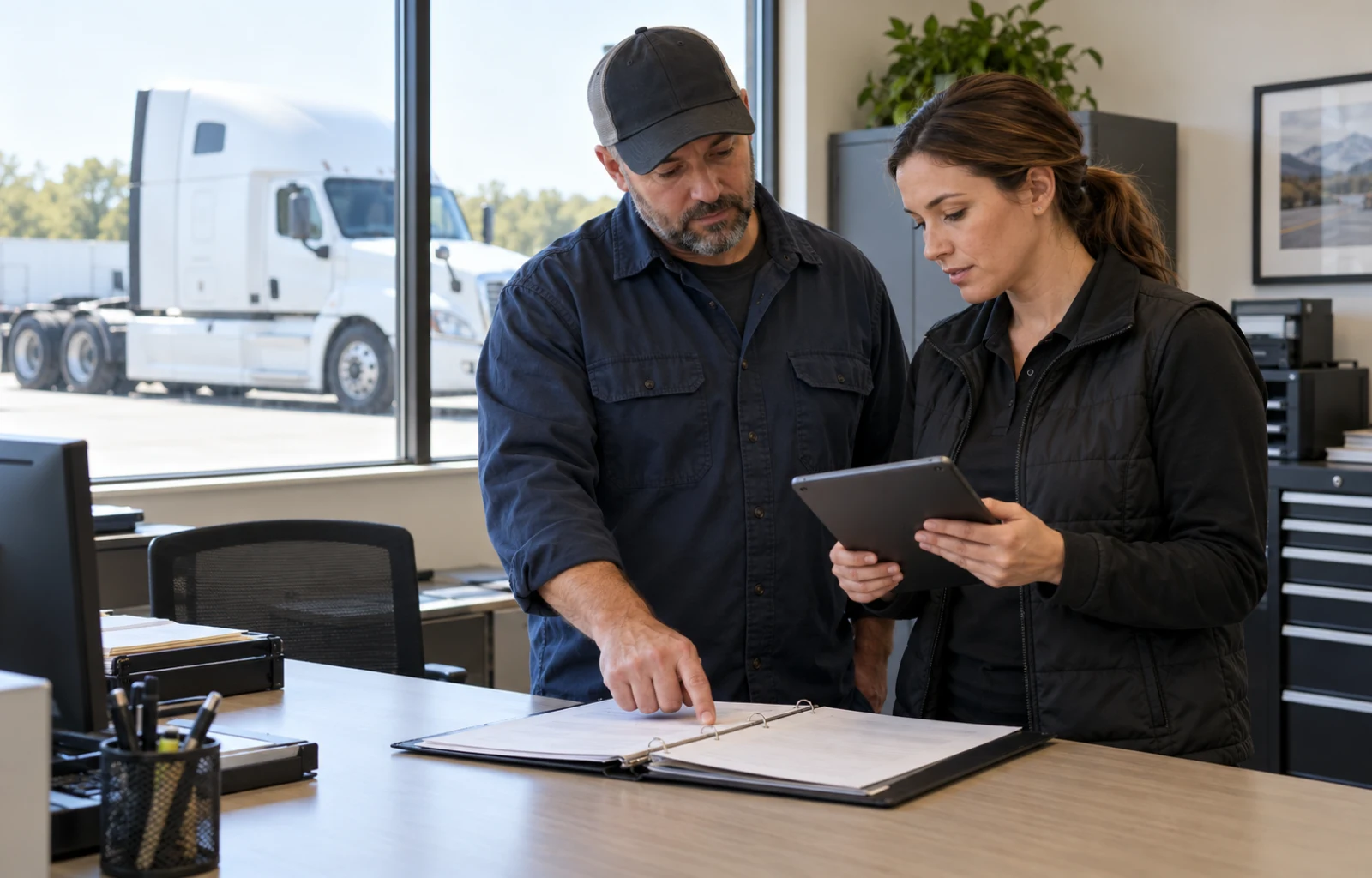 A fleet coordinator and rental representative review an equipment folder and tablet in a service office with a parked white tractor visible outside.