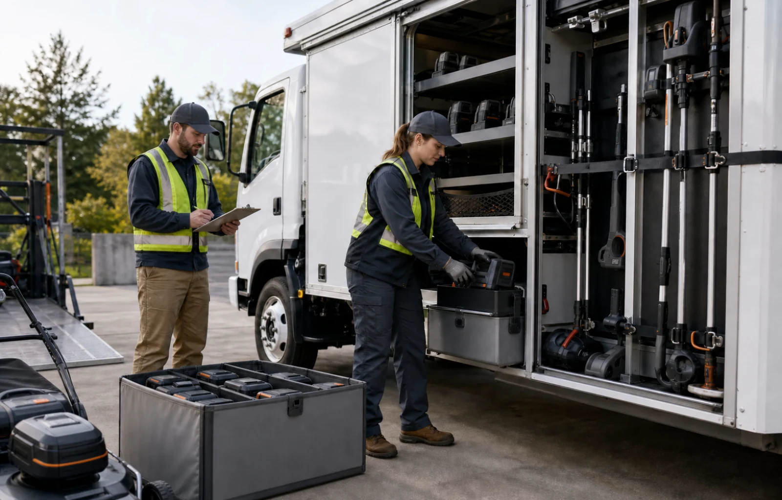 A service-fleet supervisor and technician inventory and secure lithium battery packs and battery-powered tools in an unbranded work truck.