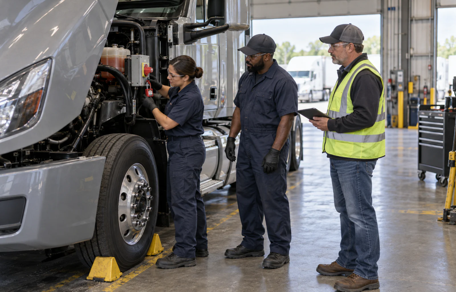 Two truck technicians and a fleet representative conduct an energy-control handoff beside a wheel-chocked, unbranded tractor before maintenance begins.