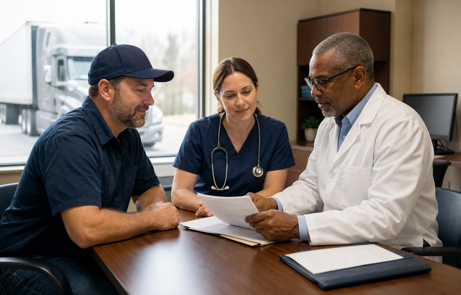A professional truck driver, treating clinician, and medical examiner review generic records together in a clinic with an unbranded tractor visible outside.