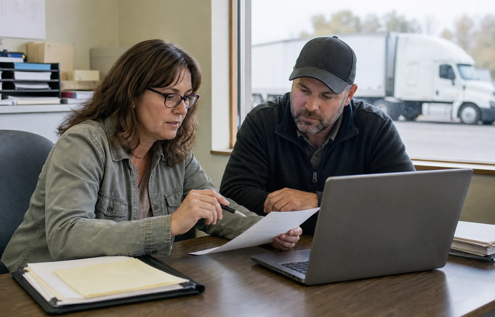 A carrier administrator and operations lead compare a registration checklist beside a laptop in a fleet office overlooking an unbranded tractor-trailer.