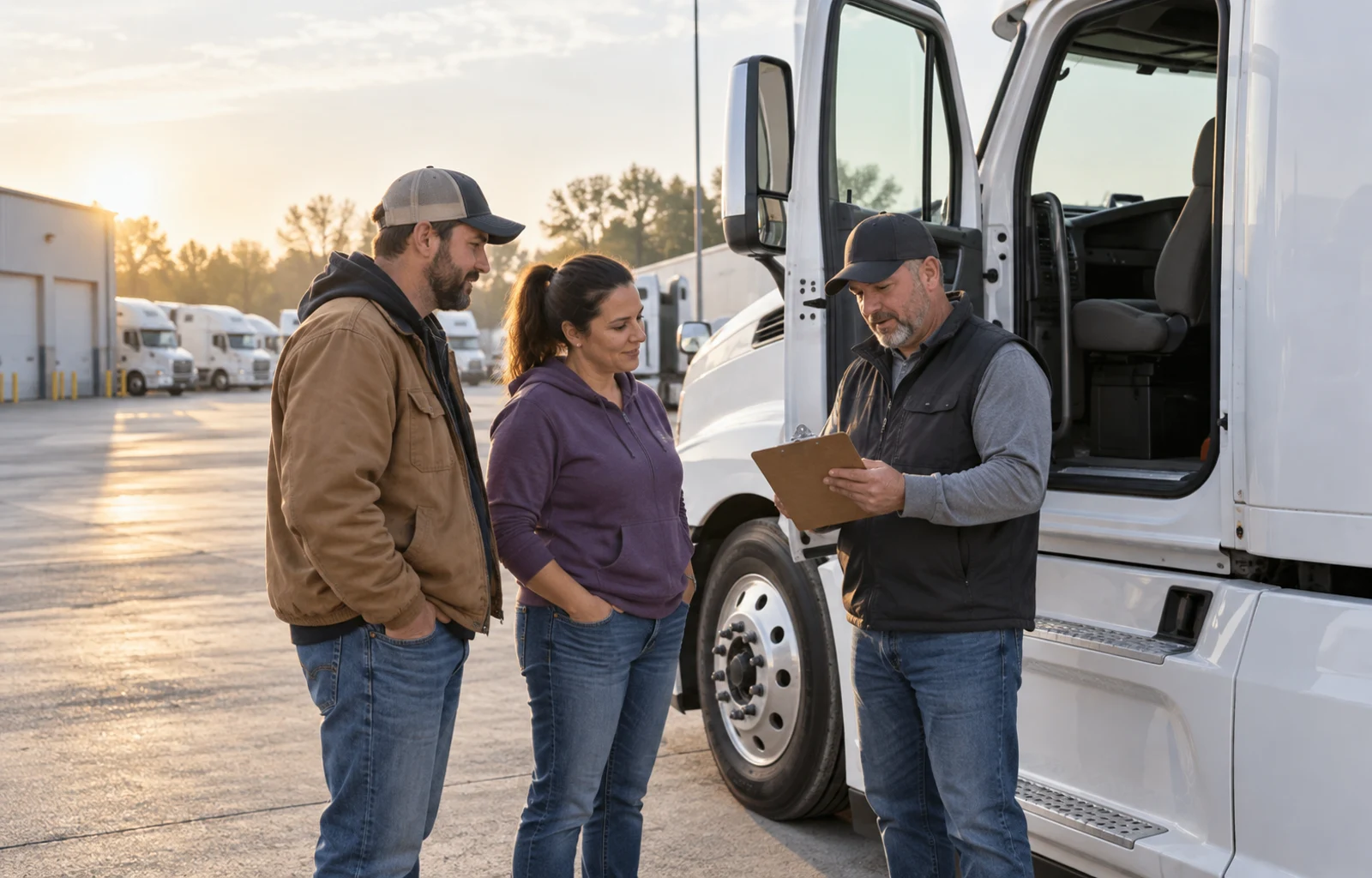 A driver, an adult visitor and a fleet coordinator review a clipboard beside the open passenger door of a parked white truck.