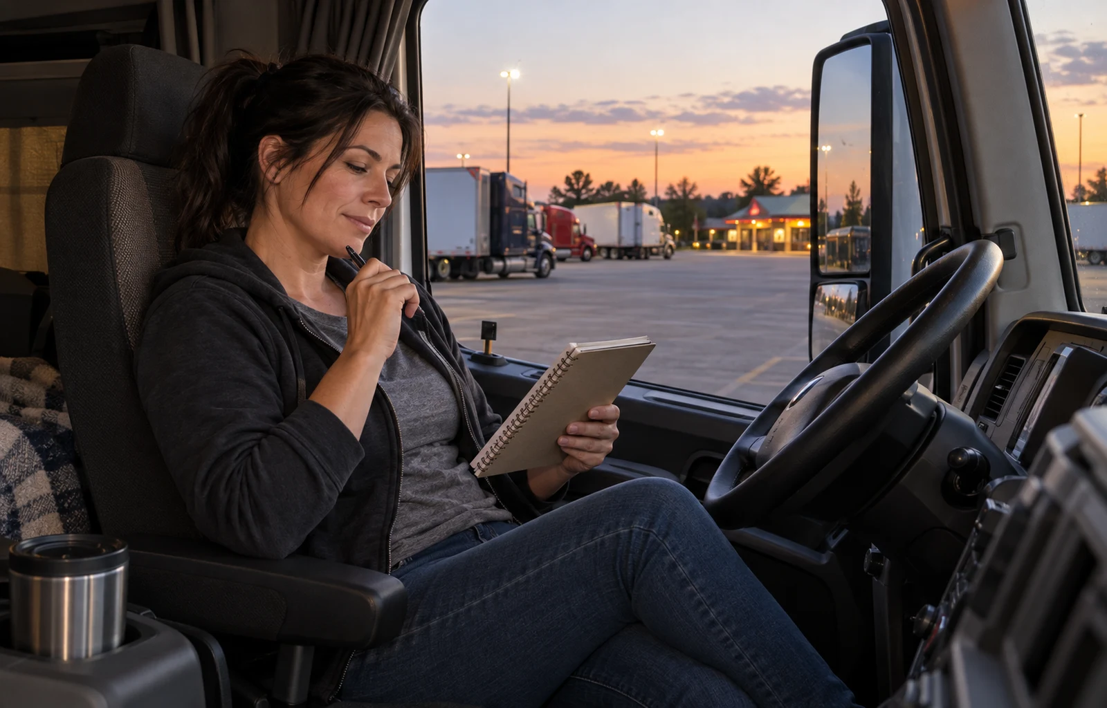 A truck driver reviews a small notebook in the cab of a parked tractor, with other trucks visible through the side window at dusk.