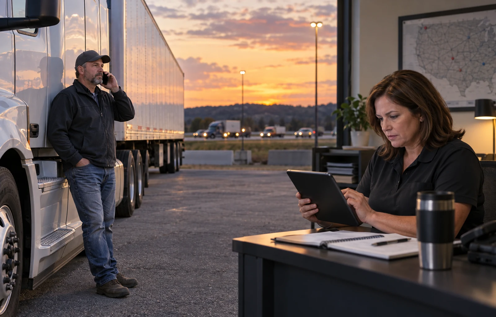 A commercial driver calls a fleet safety coordinator from beside a safely parked unbranded tractor-trailer while the coordinator reviews a generic incident timeline on a tablet.
