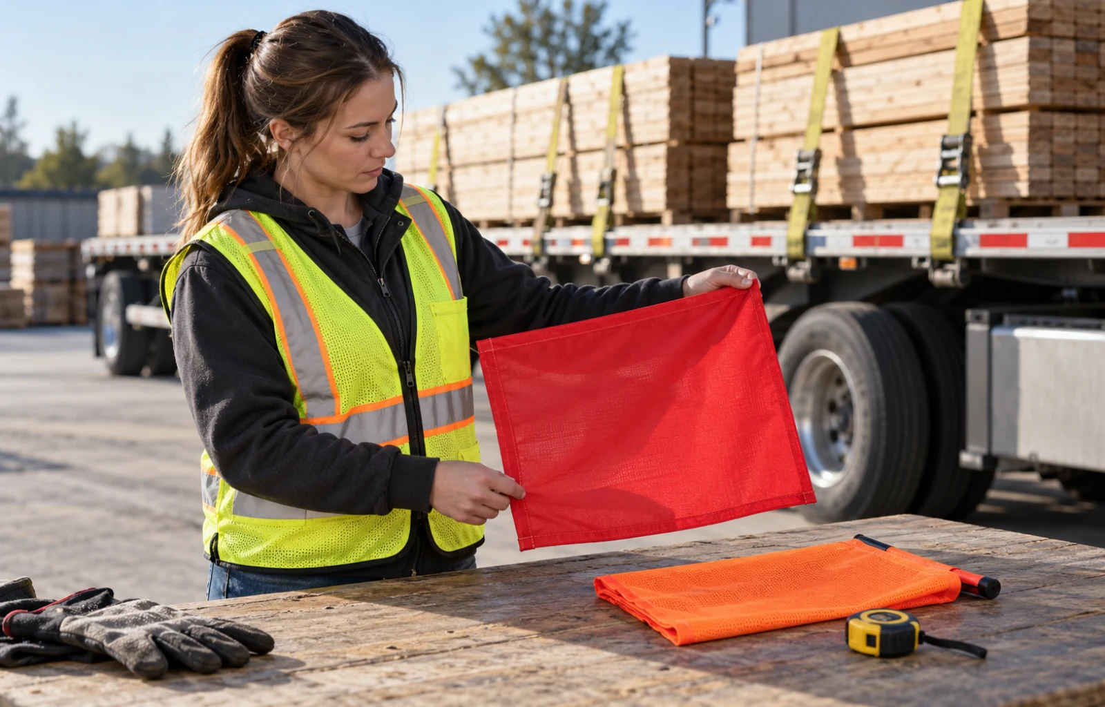 A fleet worker checks a square red warning flag beside a folded orange flag and tape measure, with a loaded flatbed parked behind her.