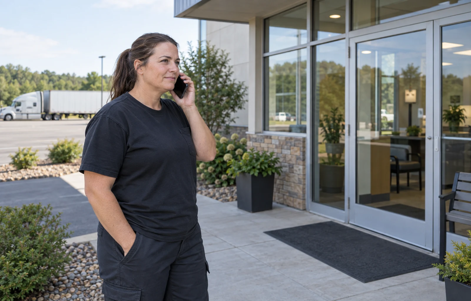 A truck driver makes a phone call while standing on a pedestrian walkway outside a clinic, with a parked tractor-trailer in the background.