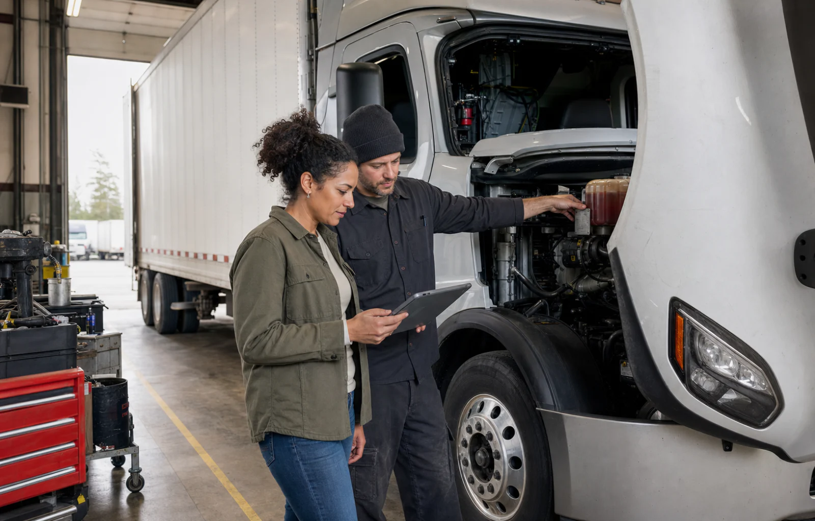 A fleet maintenance coordinator and technician verify a truck during a safety recall closeout in a maintenance bay.