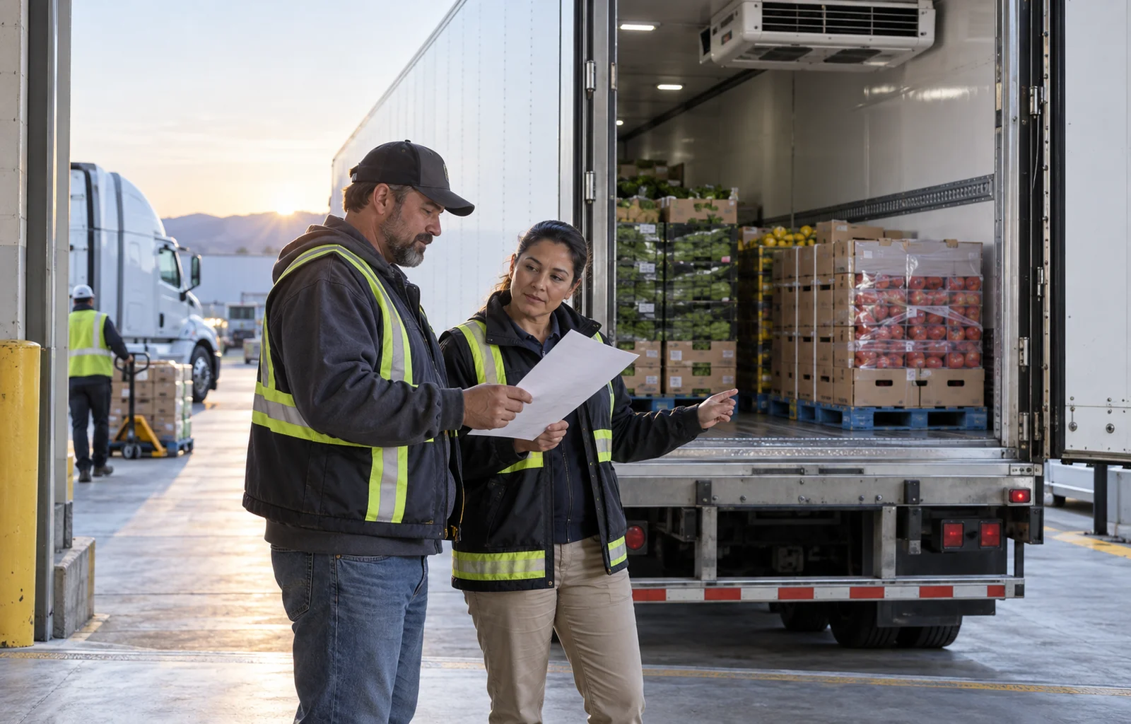 A truck driver and warehouse supervisor review a blank handoff sheet beside an open refrigerated trailer holding produce cartons at a loading dock.