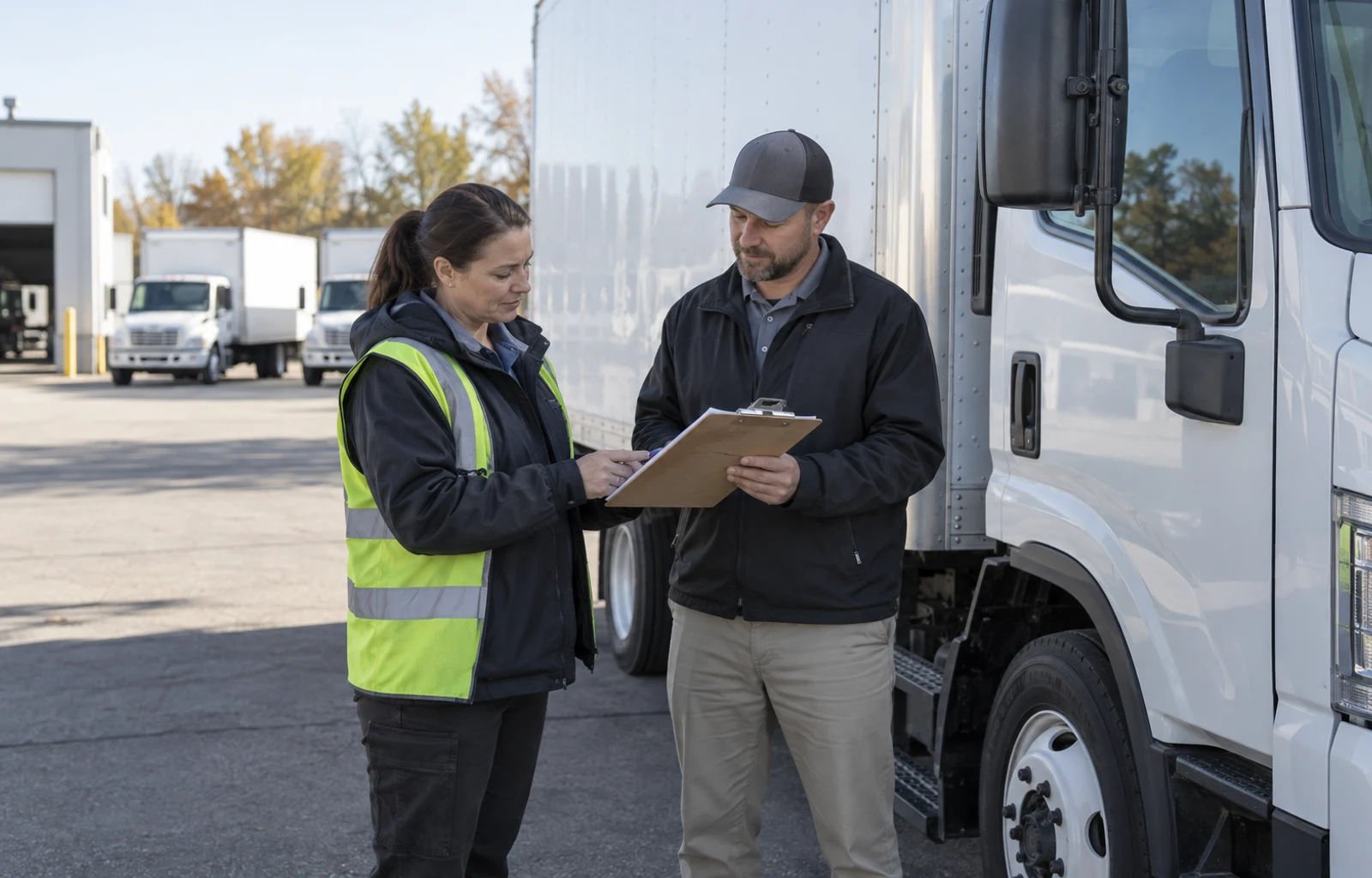 A driver and rental coordinator review a clipboard beside a parked white box truck in a commercial yard.