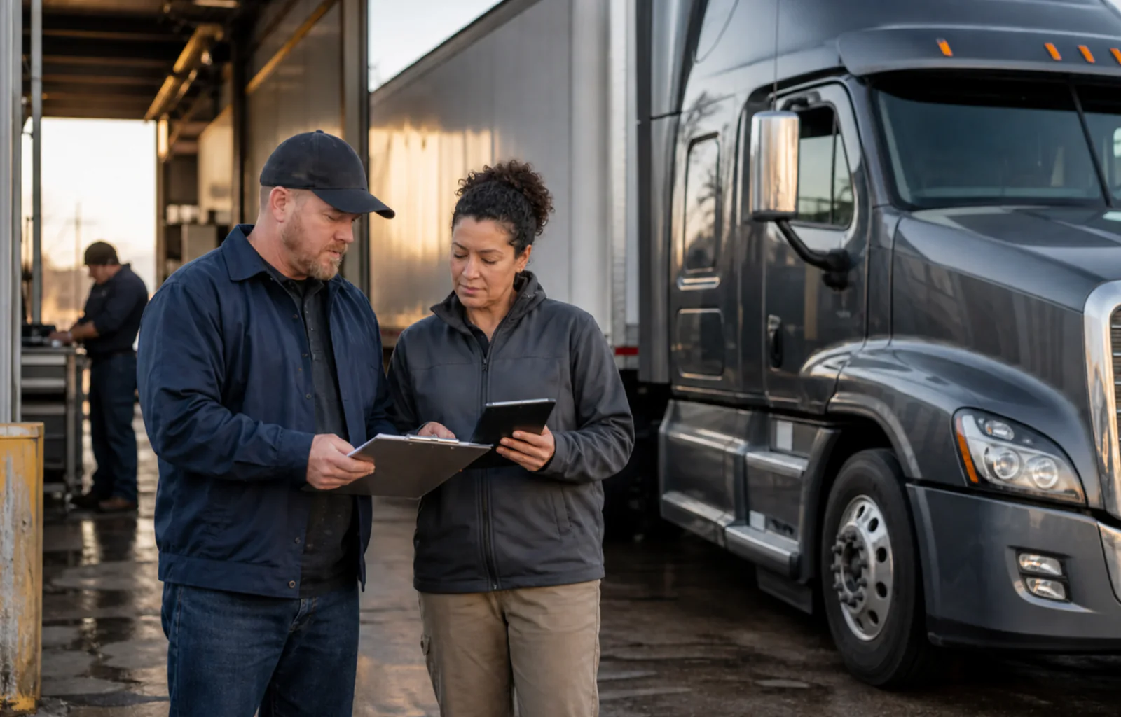 A truck driver and fleet safety coordinator review a roadside inspection report and repair plan beside a parked tractor-trailer at a maintenance facility.