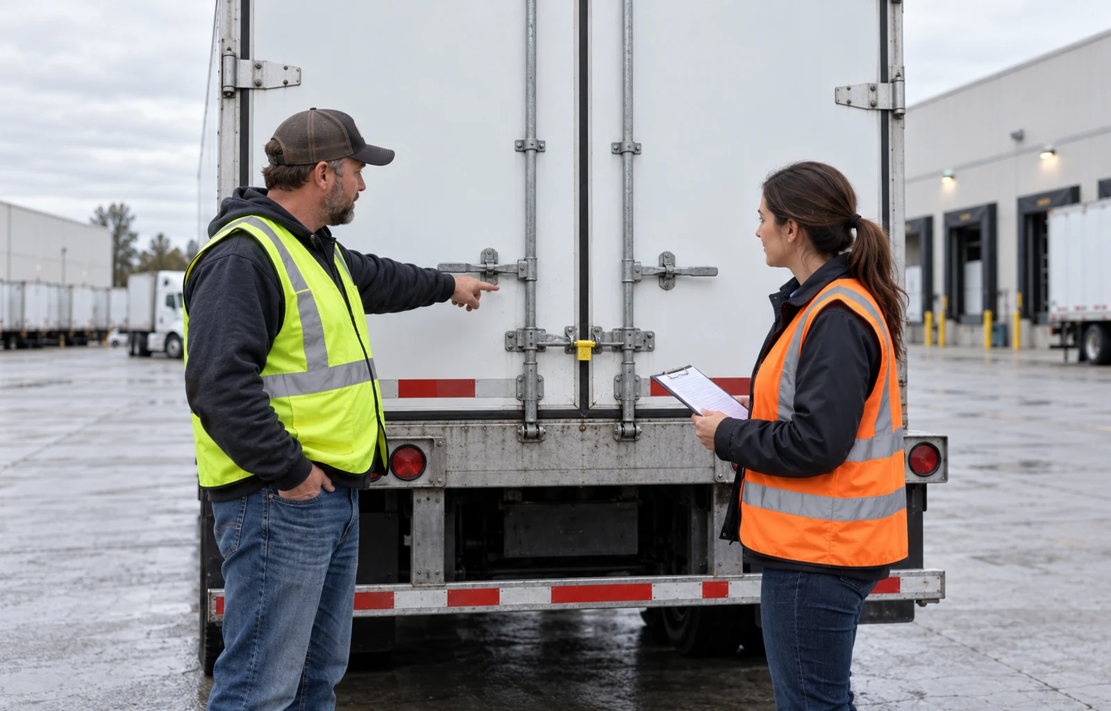 A truck driver and shipping coordinator discuss paperwork beside the closed rear doors of a dry-van trailer.