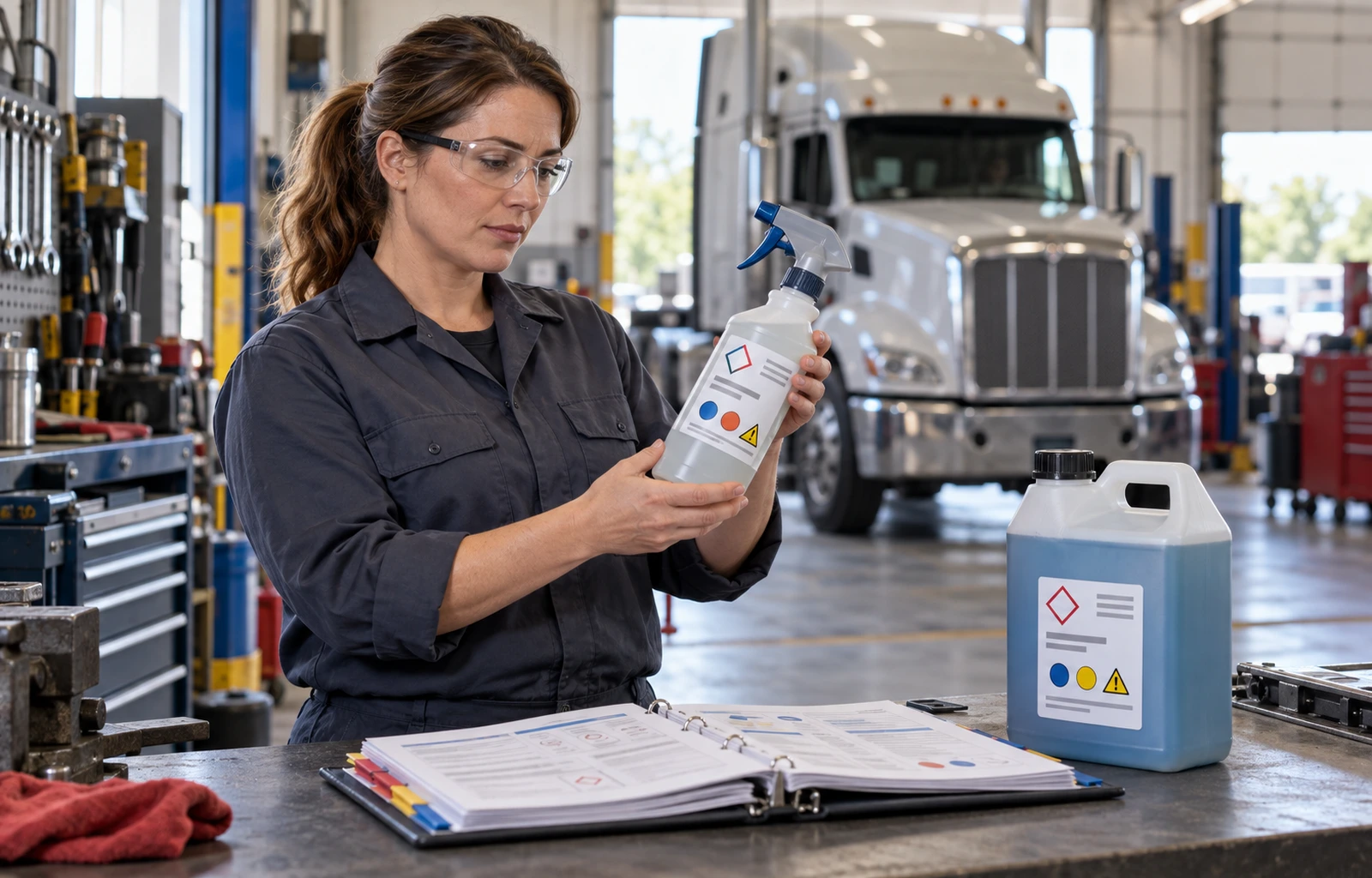A fleet maintenance supervisor reviews a closed spray bottle with an illustrative workplace label beside a chemical jug and safety-information binder.