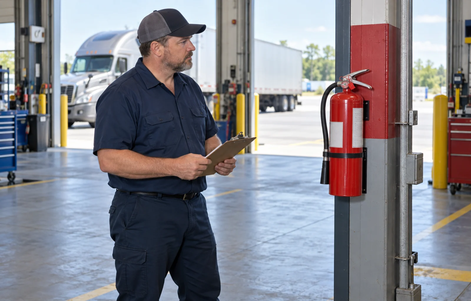 A shop supervisor visually checks a wall-mounted red fire extinguisher beside an unobstructed terminal service bay while holding a clipboard.