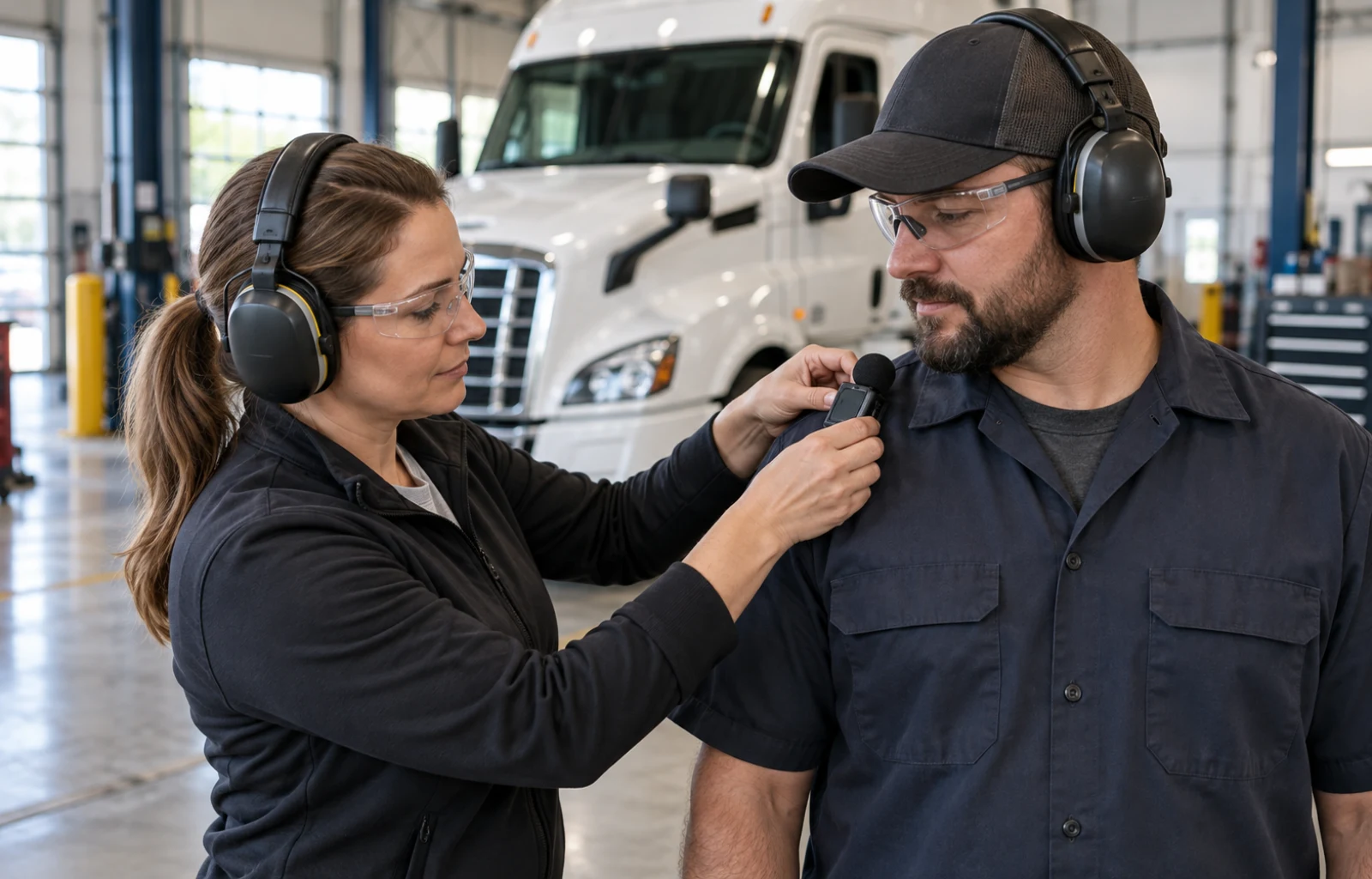 A safety professional positions a personal noise dosimeter near a truck technician’s shoulder in a maintenance bay; both wear safety glasses and hearing protection.