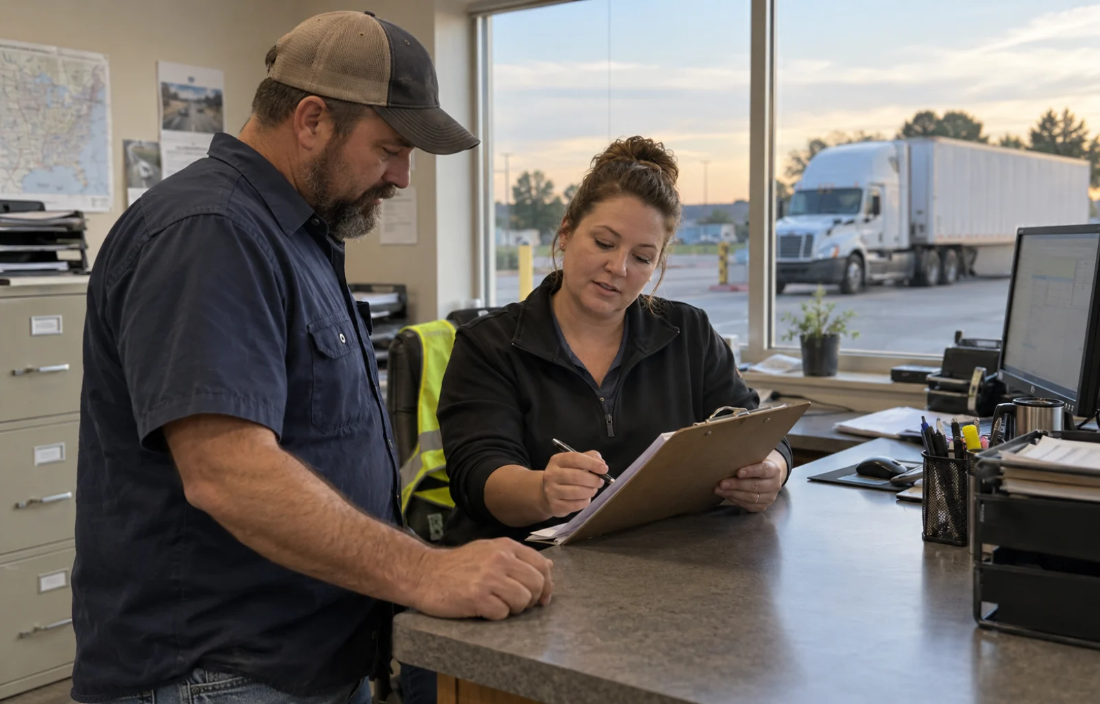 A truck driver and dispatcher review a time-record clipboard at a fleet terminal counter with a parked tractor visible through the window.