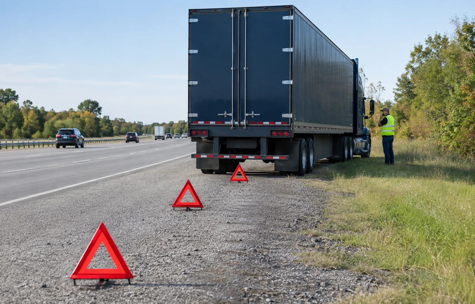 Three reflective warning triangles stand behind an unbranded tractor-trailer stopped on a wide highway shoulder while a driver calls for help from the grassy side of the cab.