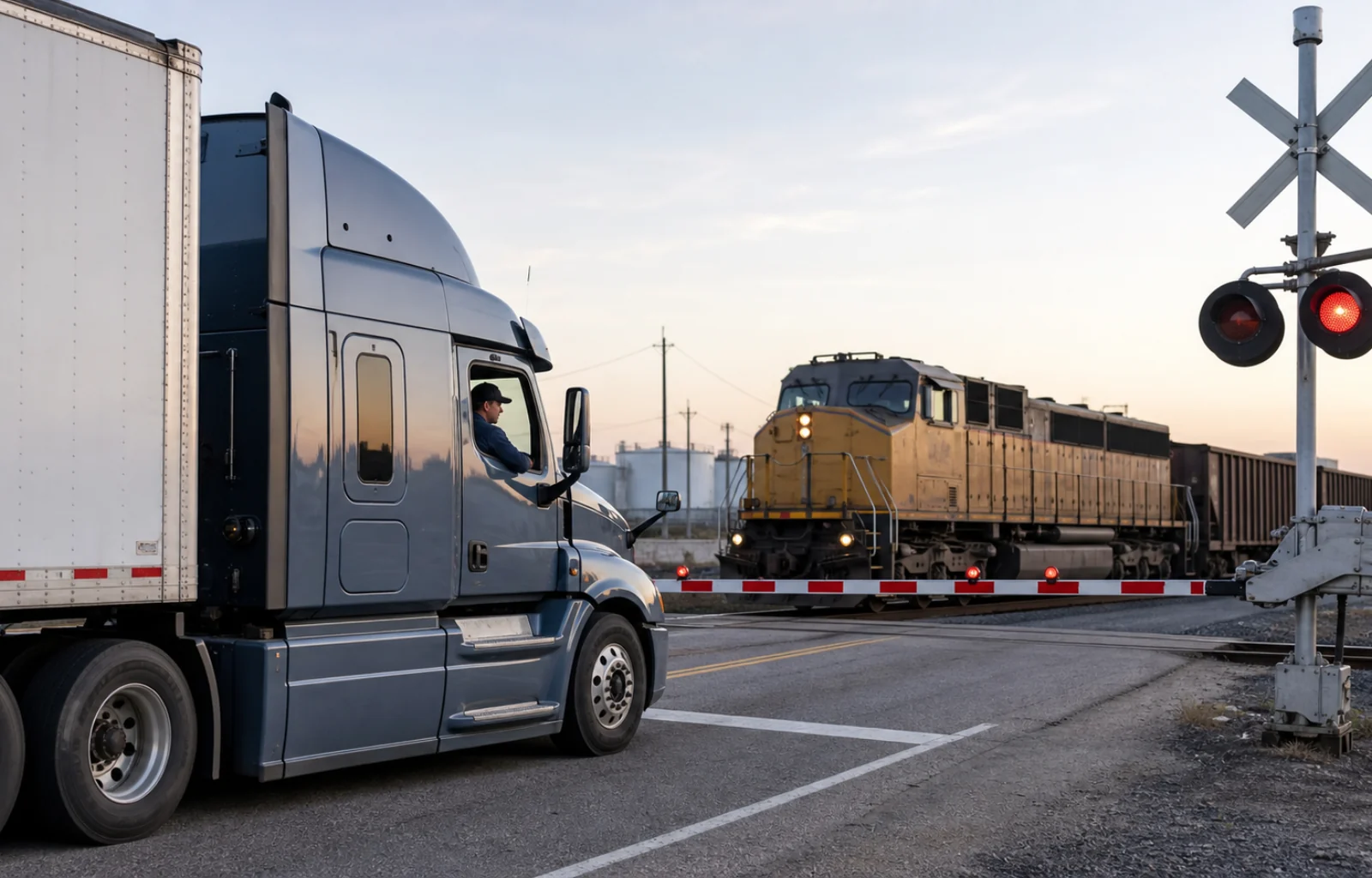 A professional truck driver waits behind the stop line as an unbranded freight train enters a public highway-rail grade crossing with the gates lowered.