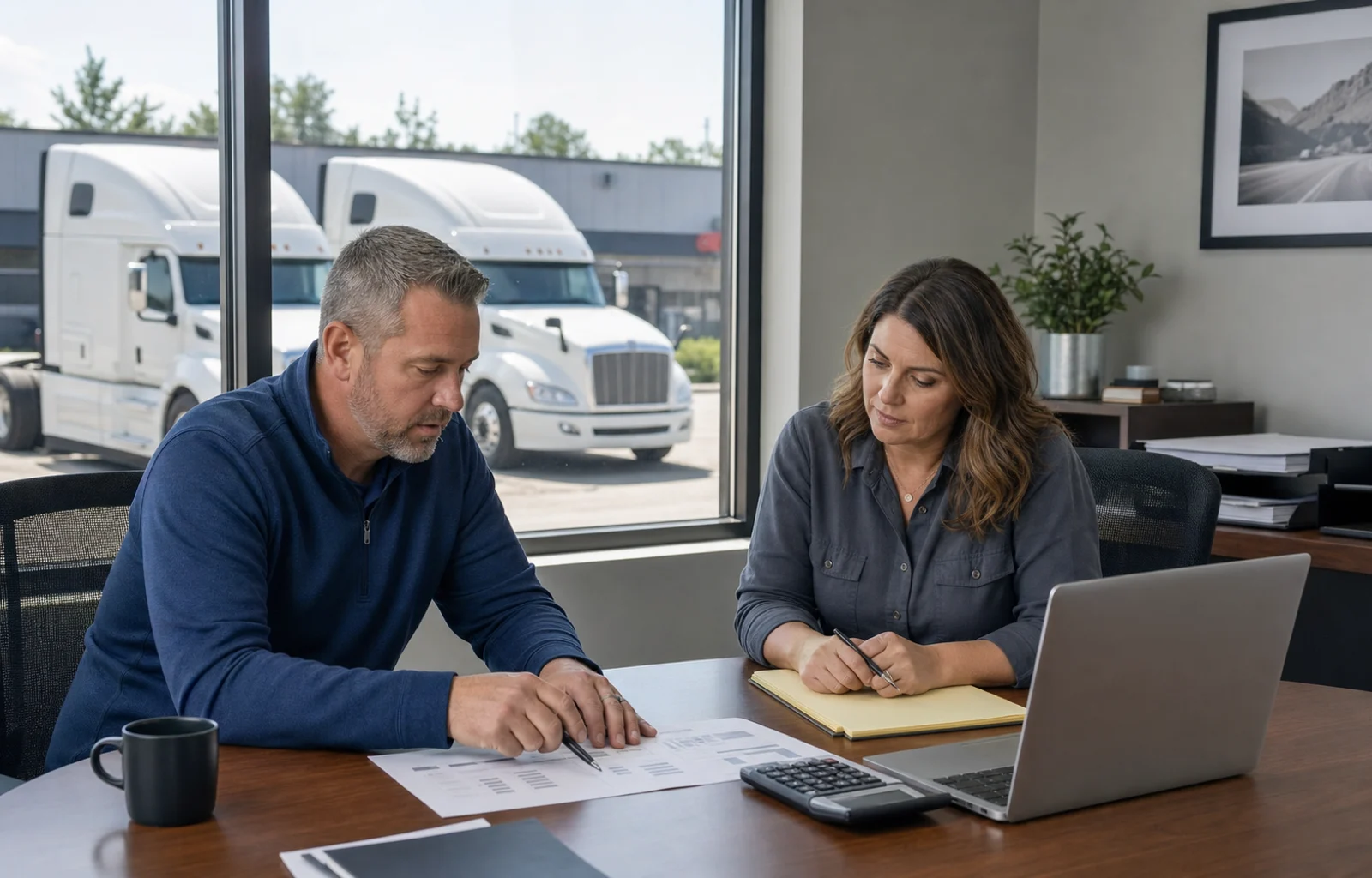 A small-carrier owner and contracts manager review a fleet summary and laptop in an office overlooking two unbranded tractor-trailers.