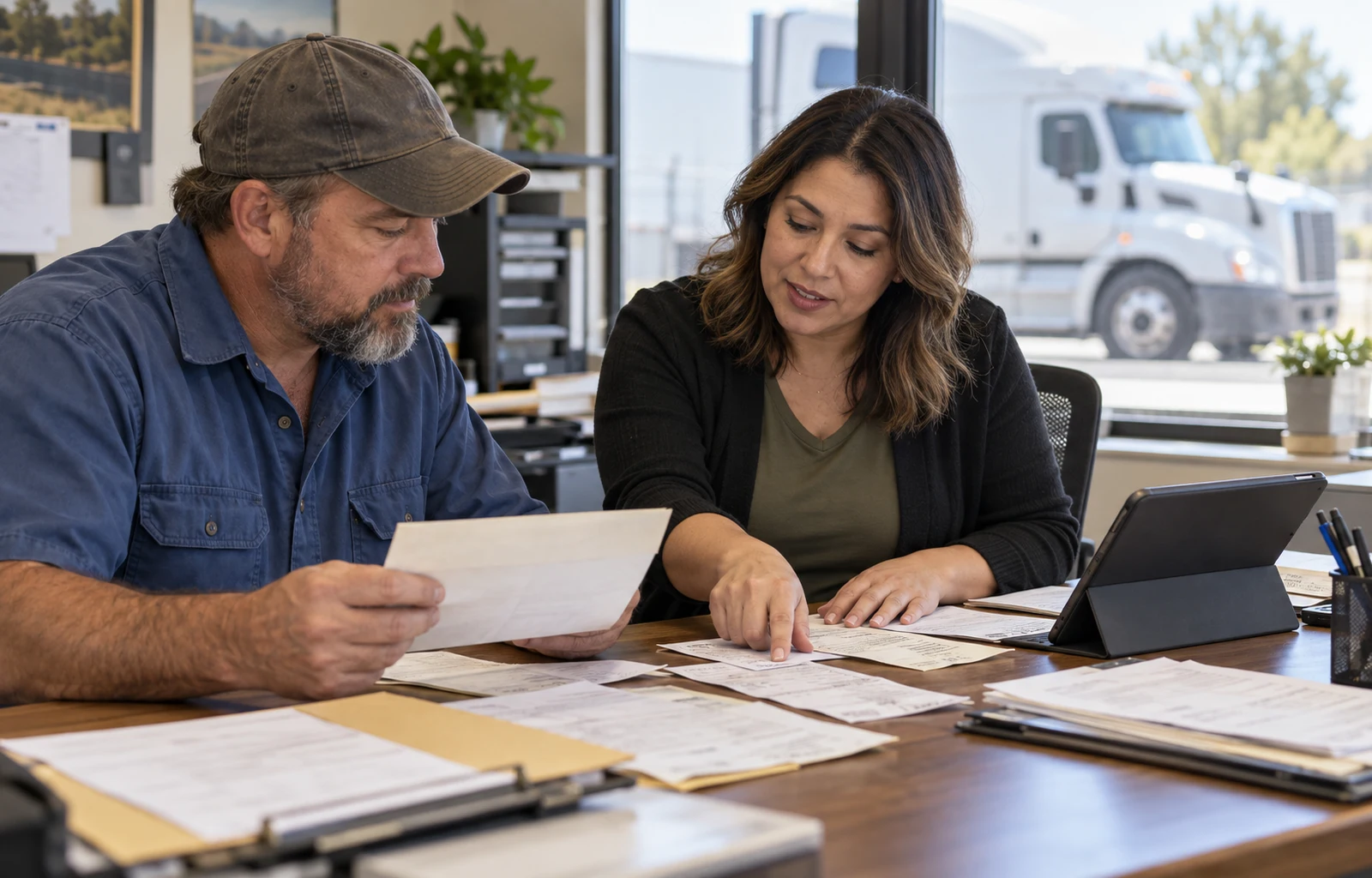 A truck driver and a fleet records coordinator review paper receipts beside a tablet at a terminal office desk.