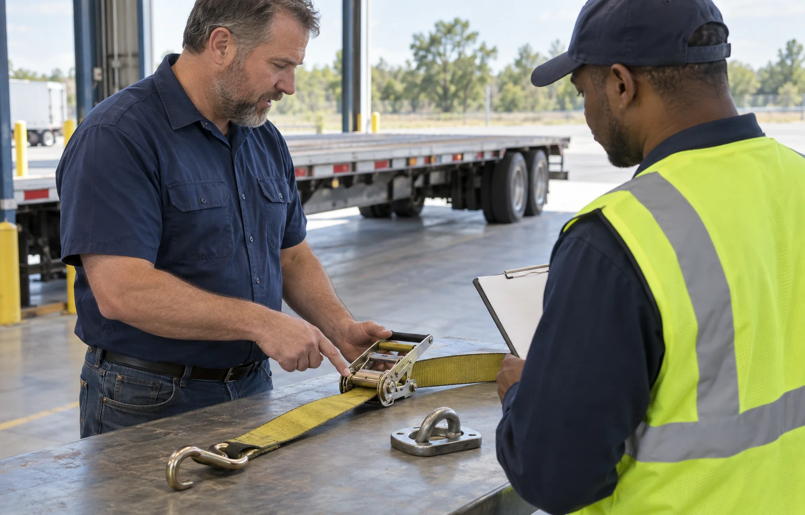 A driver and trainer examine a ratchet tiedown strap and its hardware at a workbench, with an empty flatbed trailer in the background.