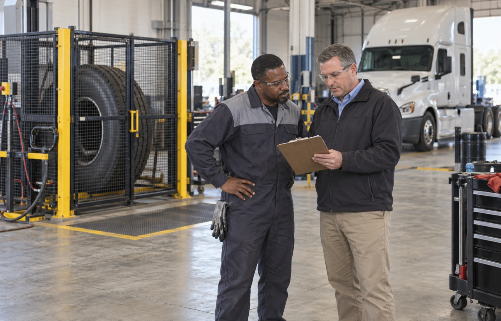 A tire technician and fleet supervisor review a clipboard in a truck workshop, with a large tire in a steel safety enclosure and an unbranded tractor behind them.