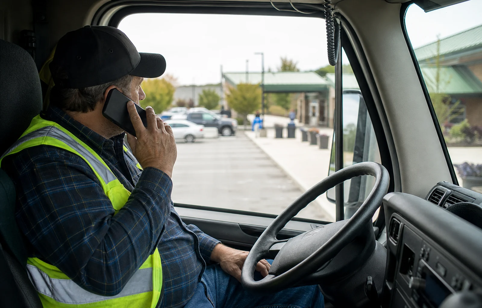 A professional truck driver makes a phone report from a parked cab while watching a travel center public area.