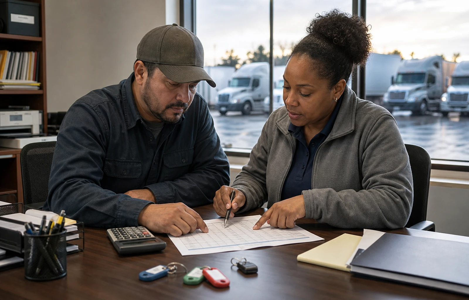 A small-carrier owner and fleet administrator reconcile a generic vehicle inventory with a calculator in an office overlooking unbranded tractor-trailers.